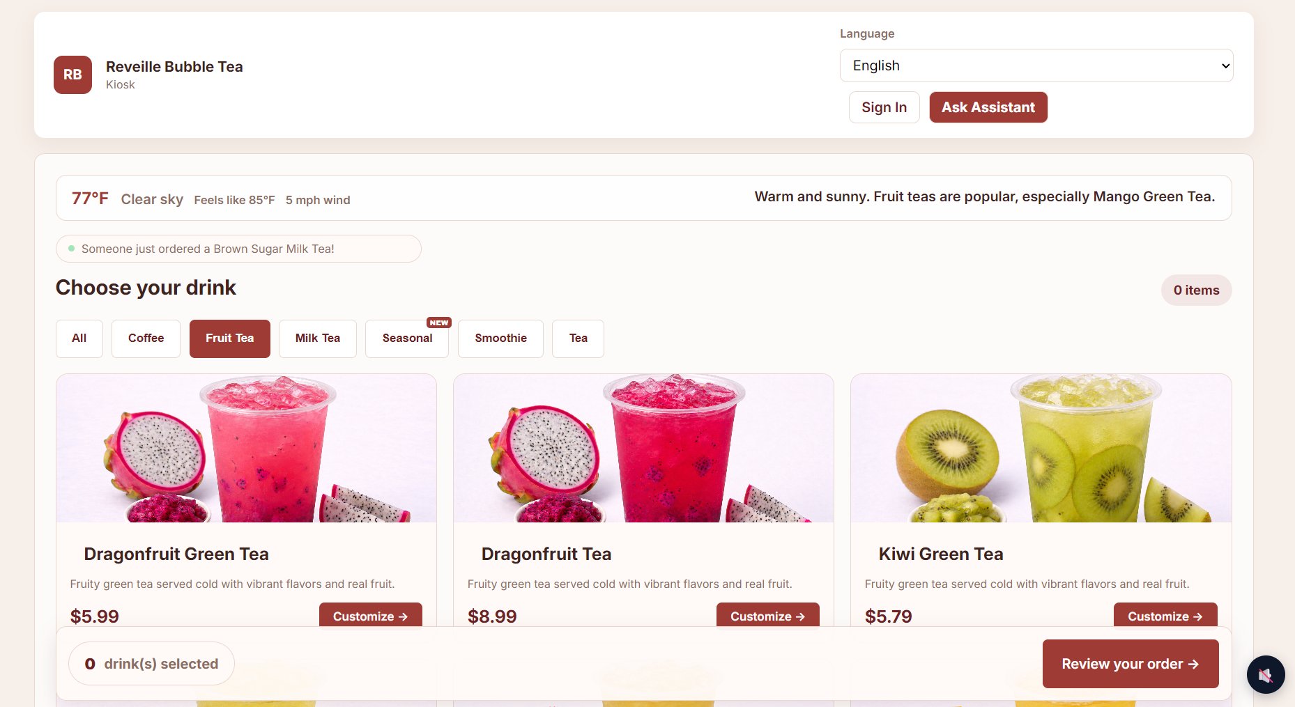 Reveille Bubble Tea customer ordering kiosk